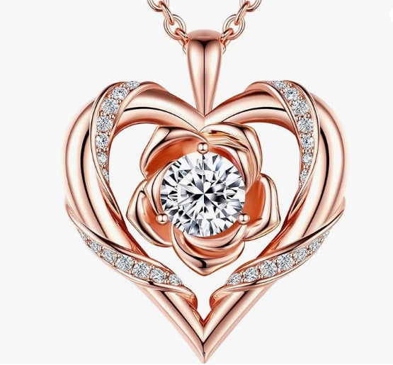 Beam & Bask Rose Flower Heart Pendant Moissanite Necklaces for Wife, S925 Silver Gifts for Women, 18K Gold Plated Jewelry for Her Girlfriend Mom for Anniversary Birthday Christmas