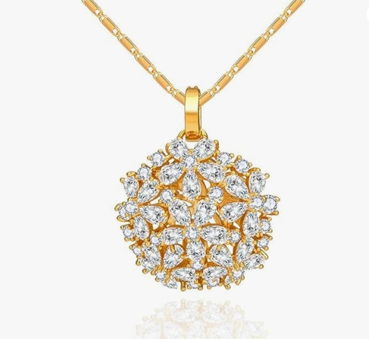 14K Gold Natural Crystal Flower Pendant Necklace for Women,Elegant Hollow Out Rose Flower Chain Necklace,Fashion Christmas Jewelry Gift for Her